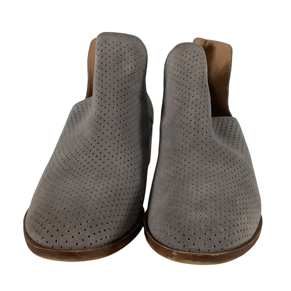 LuckyBrand Basel Perforated Suede Booties Grey AnkleBoots Cutout Block Heel 8.5